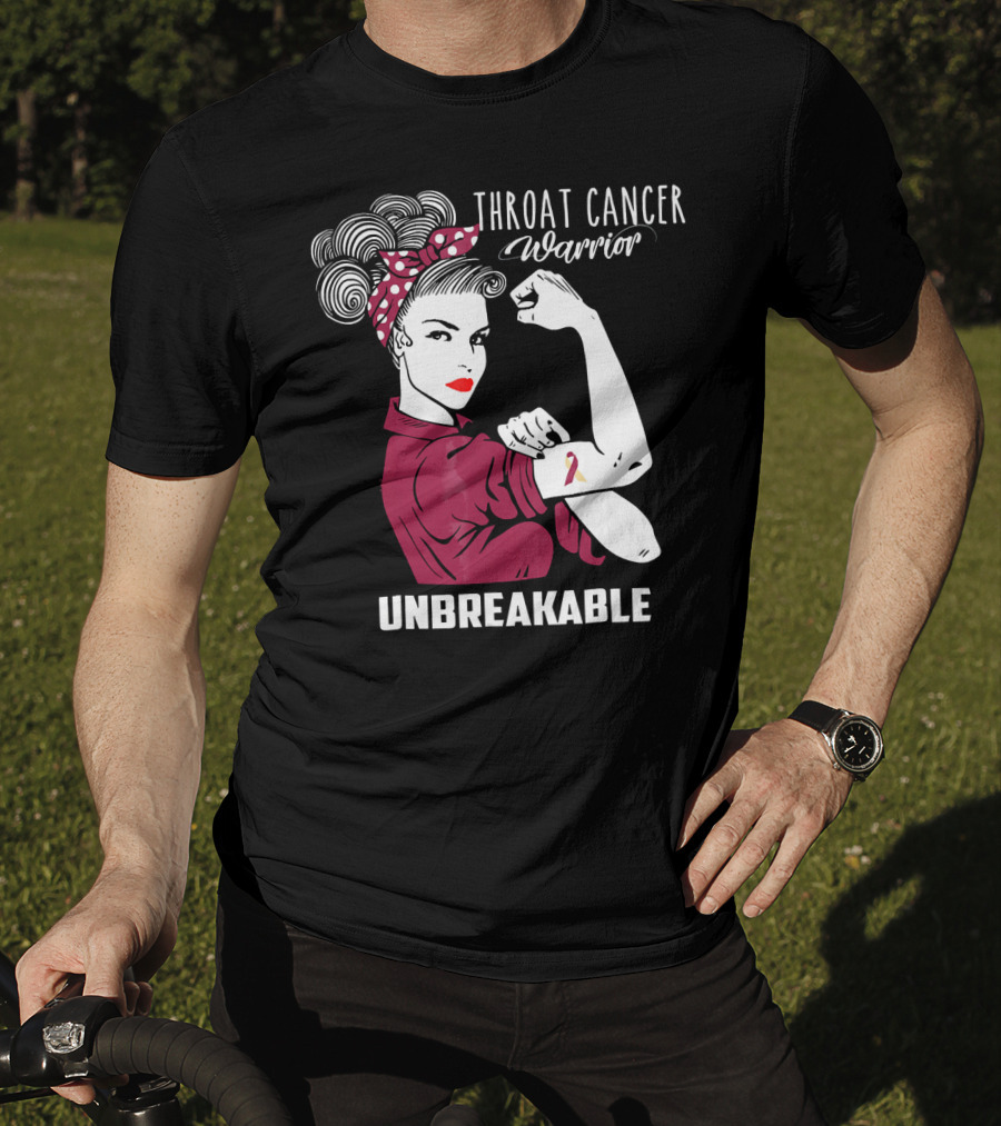 Throat Cancer Warrior Unbreakable Rosie The Riveter Ribbon Empowerment T-Shirt