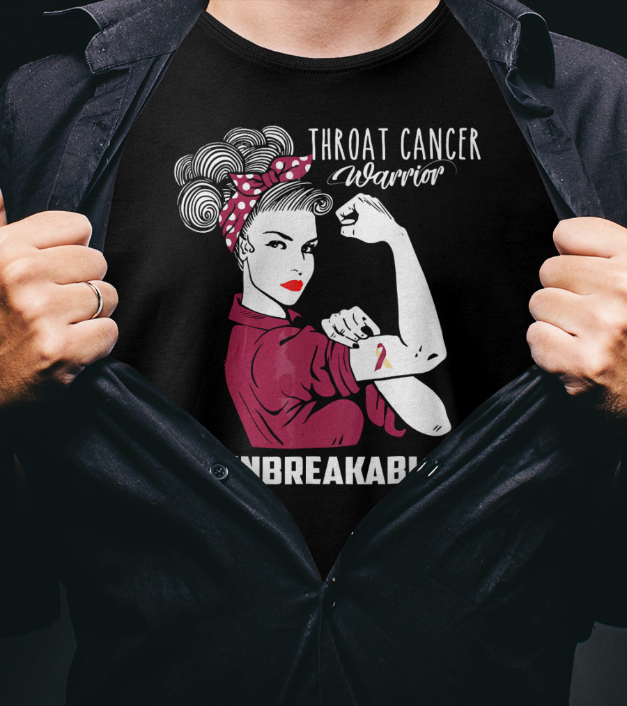 Throat Cancer Warrior Unbreakable Rosie The Riveter Ribbon Empowerment T-Shirt