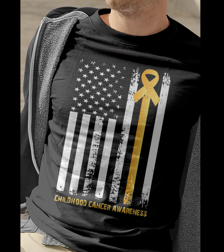 Childhood Cancer Awareness Gold Ribbon American Flag T-Shirt