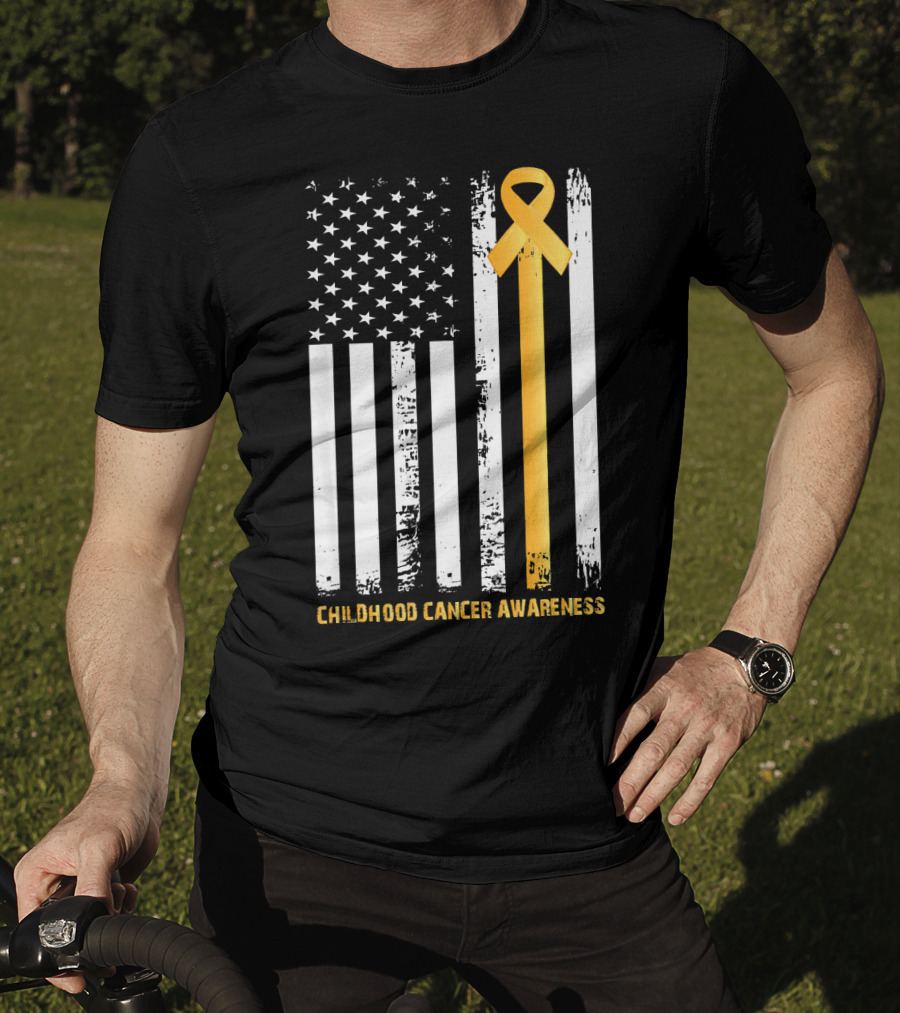 Childhood Cancer Awareness Gold Ribbon American Flag T-Shirt