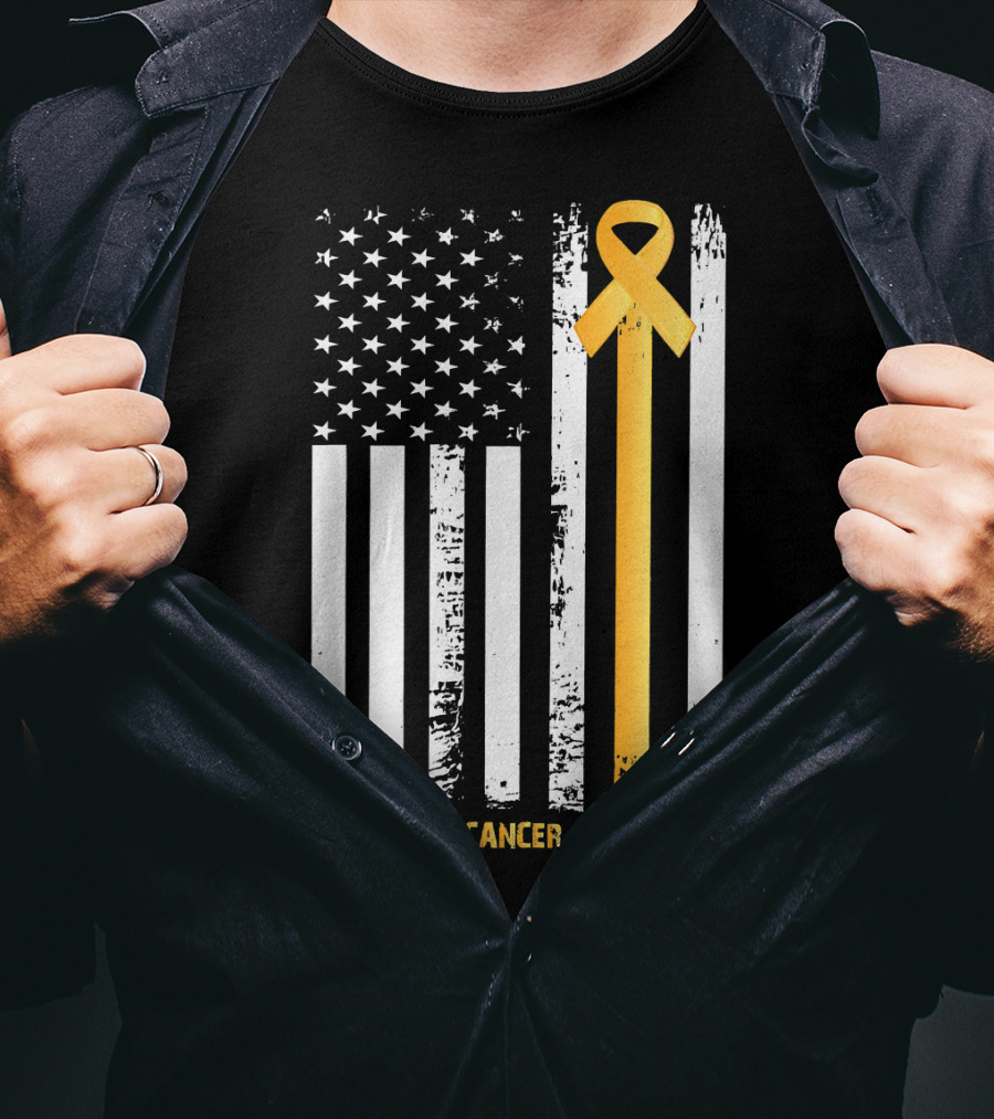 Childhood Cancer Awareness Gold Ribbon American Flag T-Shirt