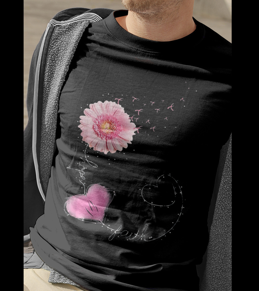 Hope Faith Pink Flower Hearts Breast Cancer Awareness T-Shirt