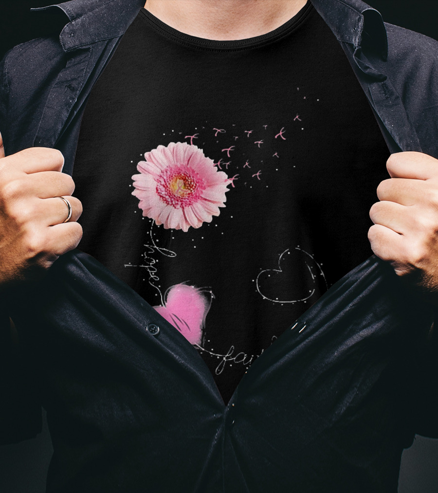 Hope Faith Pink Flower Hearts Breast Cancer Awareness T-Shirt