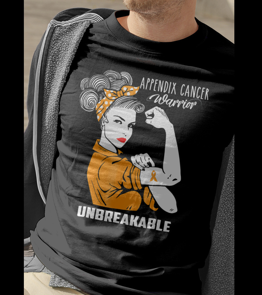Appendix Cancer Warrior Unbreakable Awareness Ribbon Rosie The Riveter T-Shirt