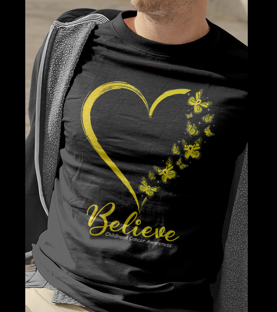 Believe Butterfly Heart Childhood Cancer Awareness T-Shirt