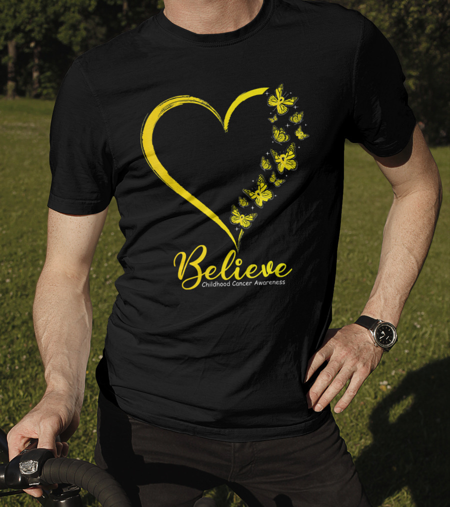 Believe Butterfly Heart Childhood Cancer Awareness T-Shirt