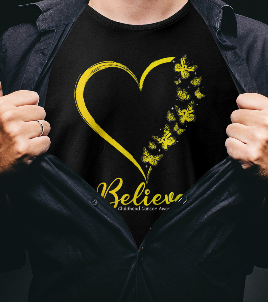 Believe Butterfly Heart Childhood Cancer Awareness T-Shirt