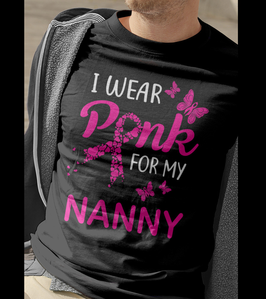 I Wear Pink For My Nanny Breast Cancer Butterflies T-Shirt