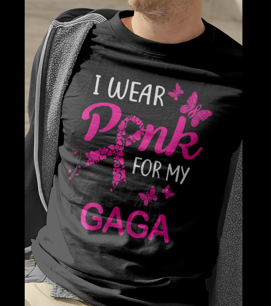 I Wear Pink For My Gaga Breast Cancer Awareness Butterflies T-Shirt