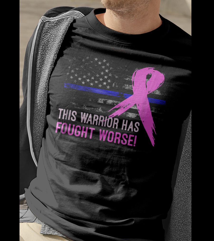 Thin Blue Line American Flag Pink Ribbon This Warrior Has Fought Worse T-Shirt