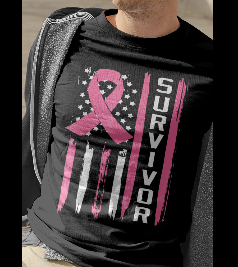 Survivor Breast Cancer Ribbon American Flag T-Shirt