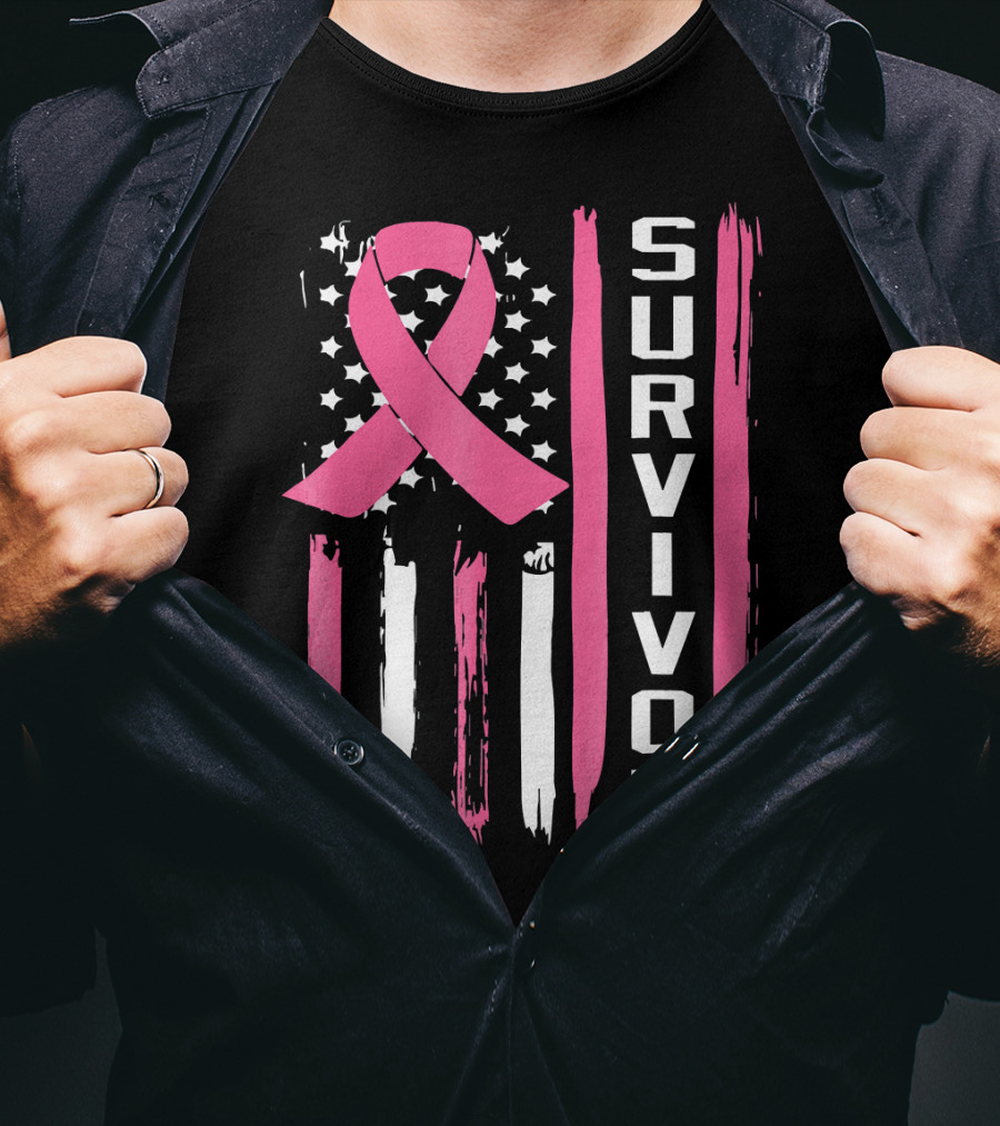 Survivor Breast Cancer Ribbon American Flag T-Shirt