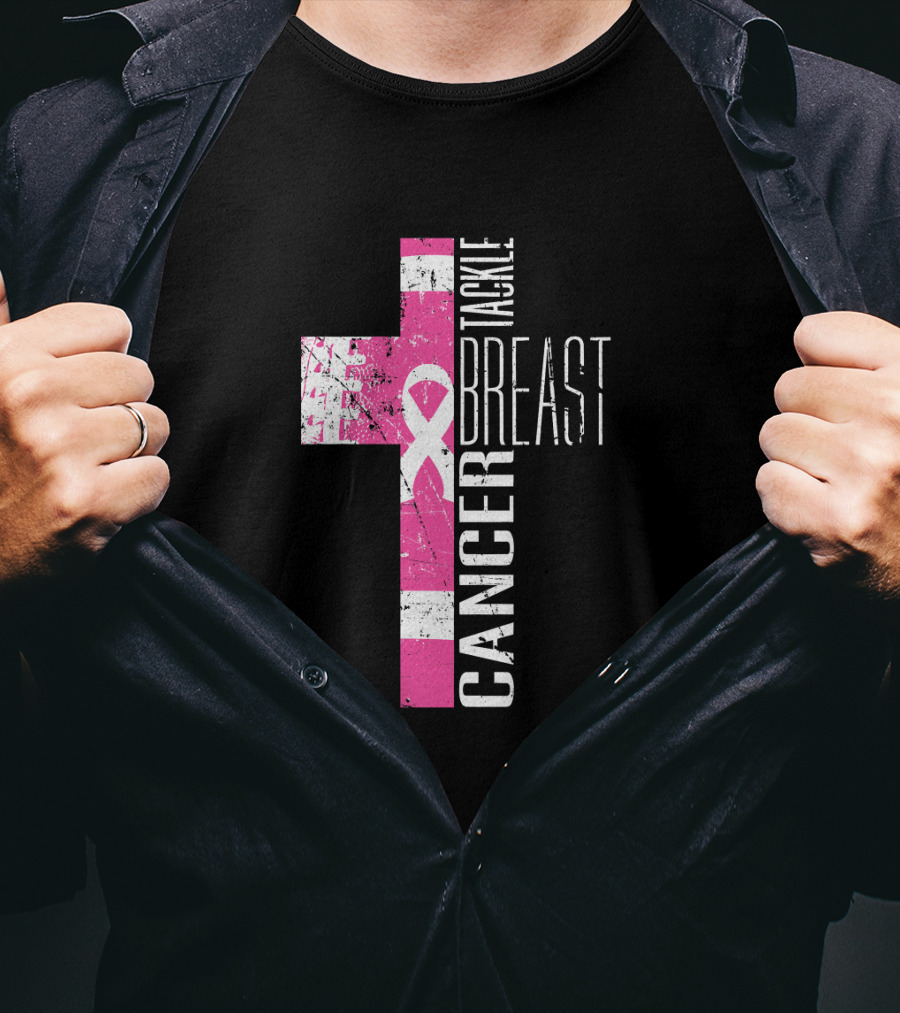 Tackle Breast Cancer Pink Ribbon Cross T-Shirt