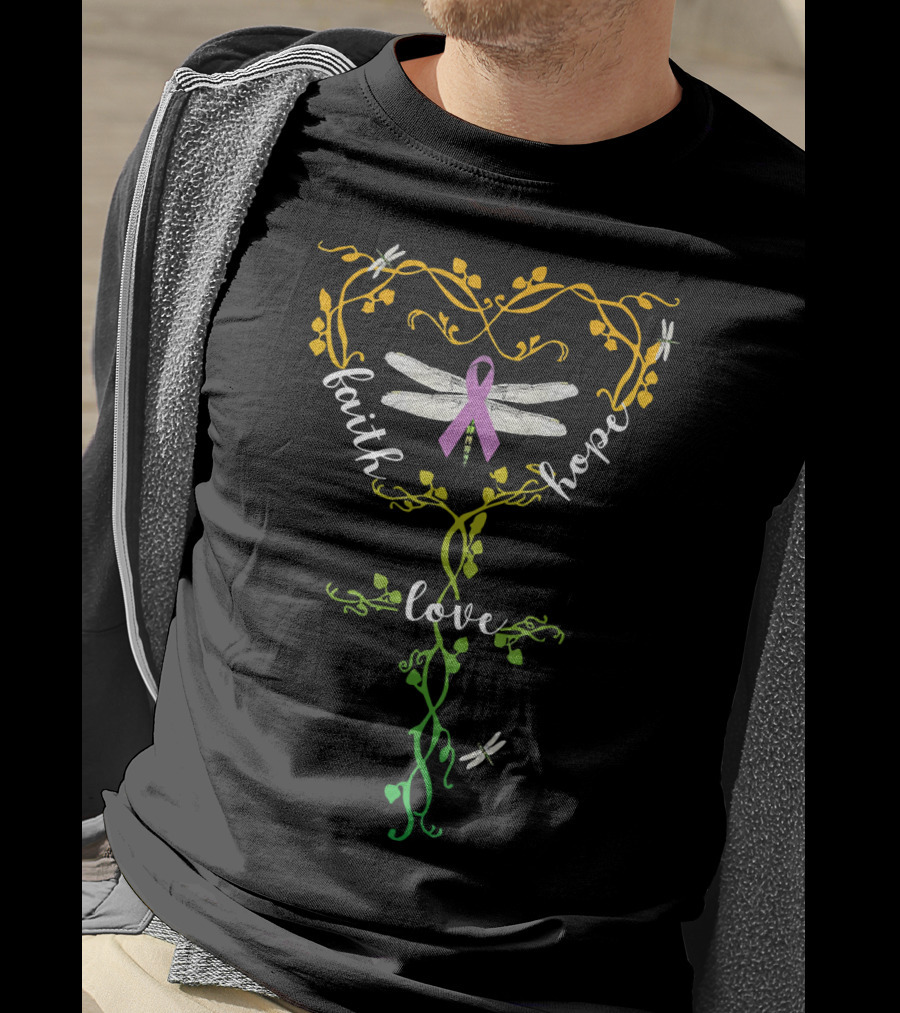 Faith Hope Love Pancreatic Cancer Dragonfly Awareness T-Shirt