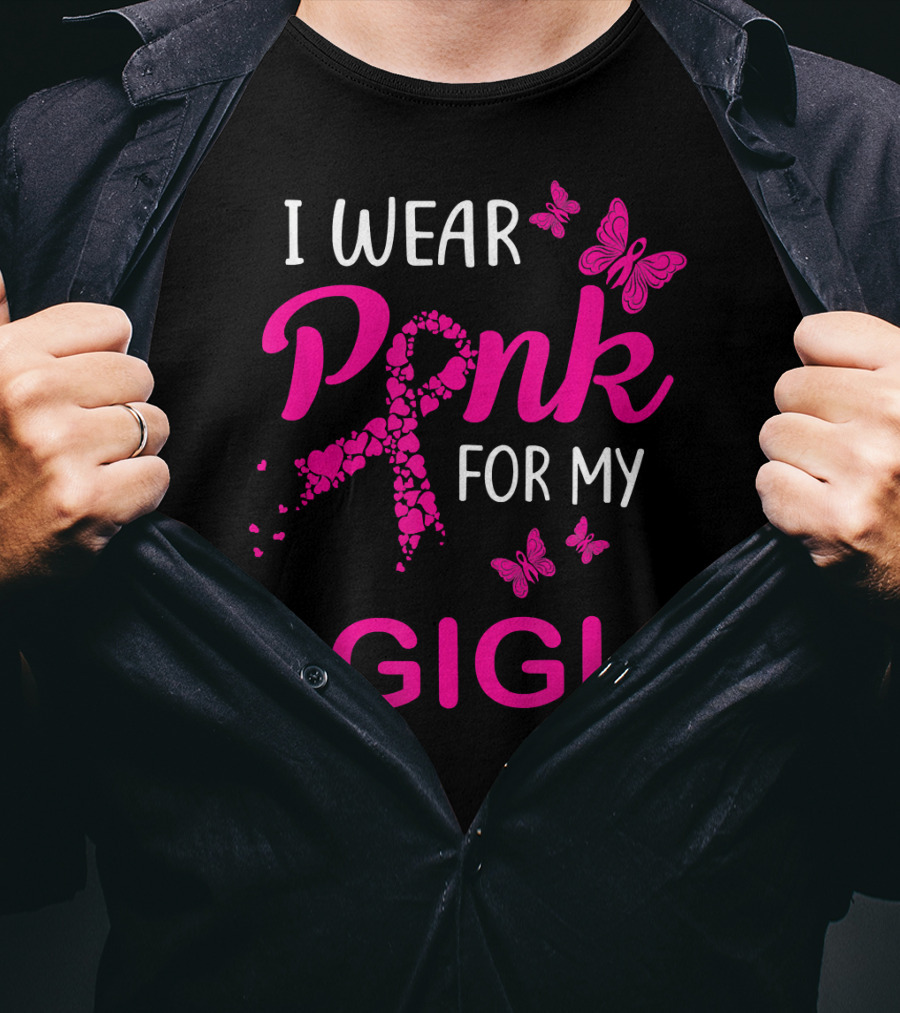 I Wear Pink For My Gigi Breast Cancer Awareness Butterfly Hearts T-Shirt