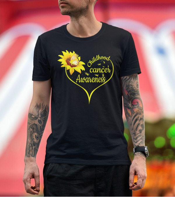 Premium T-Shirt: Childhood Cancer Awareness Flower Butterfly Gold T-Shirt Childhood Cancer Awareness Flower Butterfly Gold T-Shirt