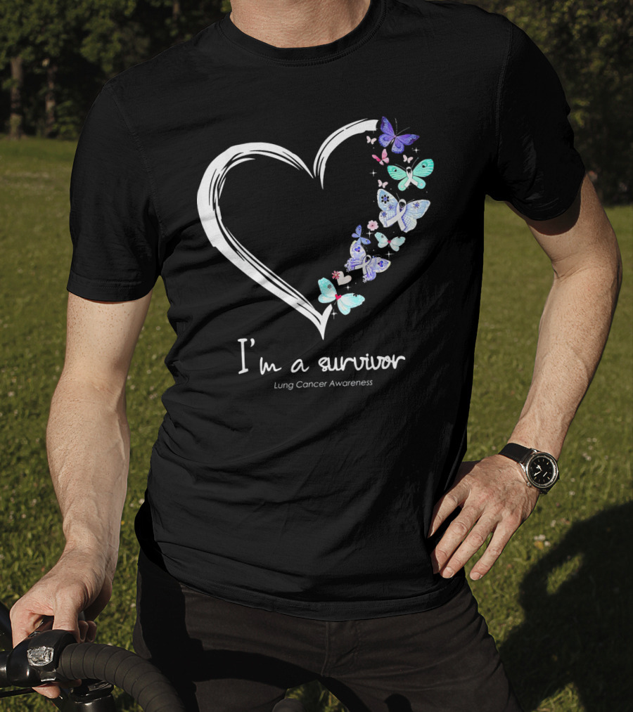 I'm A Survivor Lung Cancer Awareness Heart With Butterflies T-Shirt