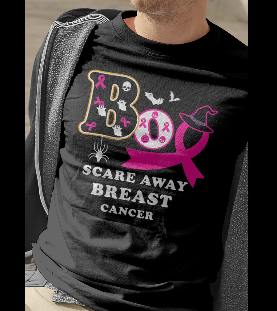 Halloween Boo With Pink Ribbon Scare Away Breast Cancer T-Shirt