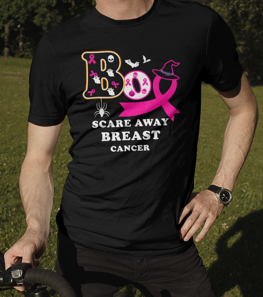 Halloween Boo With Pink Ribbon Scare Away Breast Cancer T-Shirt