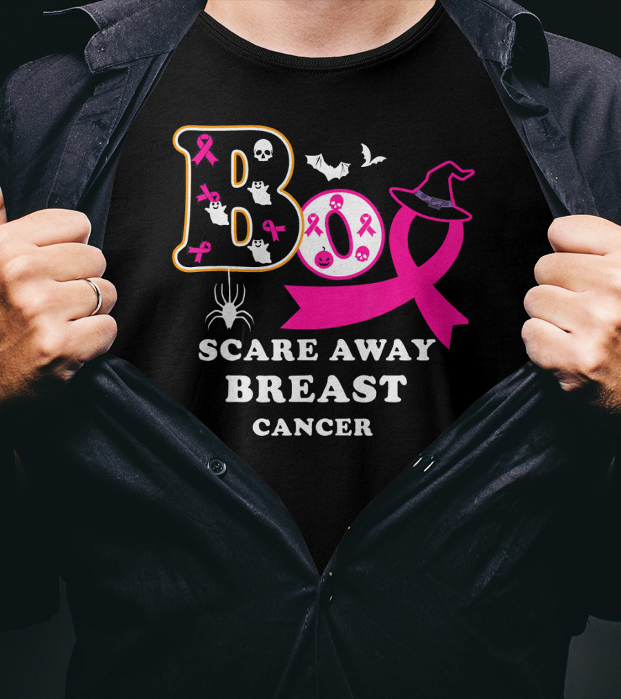 Halloween Boo With Pink Ribbon Scare Away Breast Cancer T-Shirt