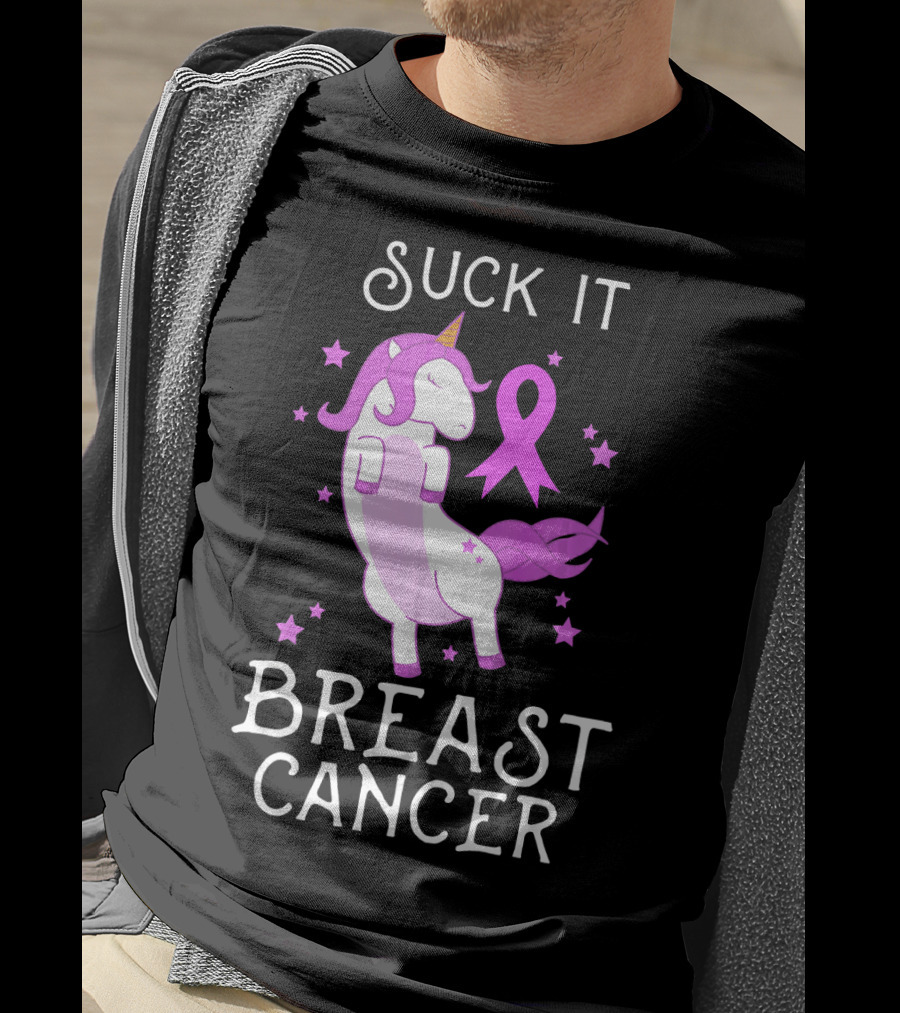 Suck It Breast Cancer Unicorn Awareness Ribbon Stars T-Shirt