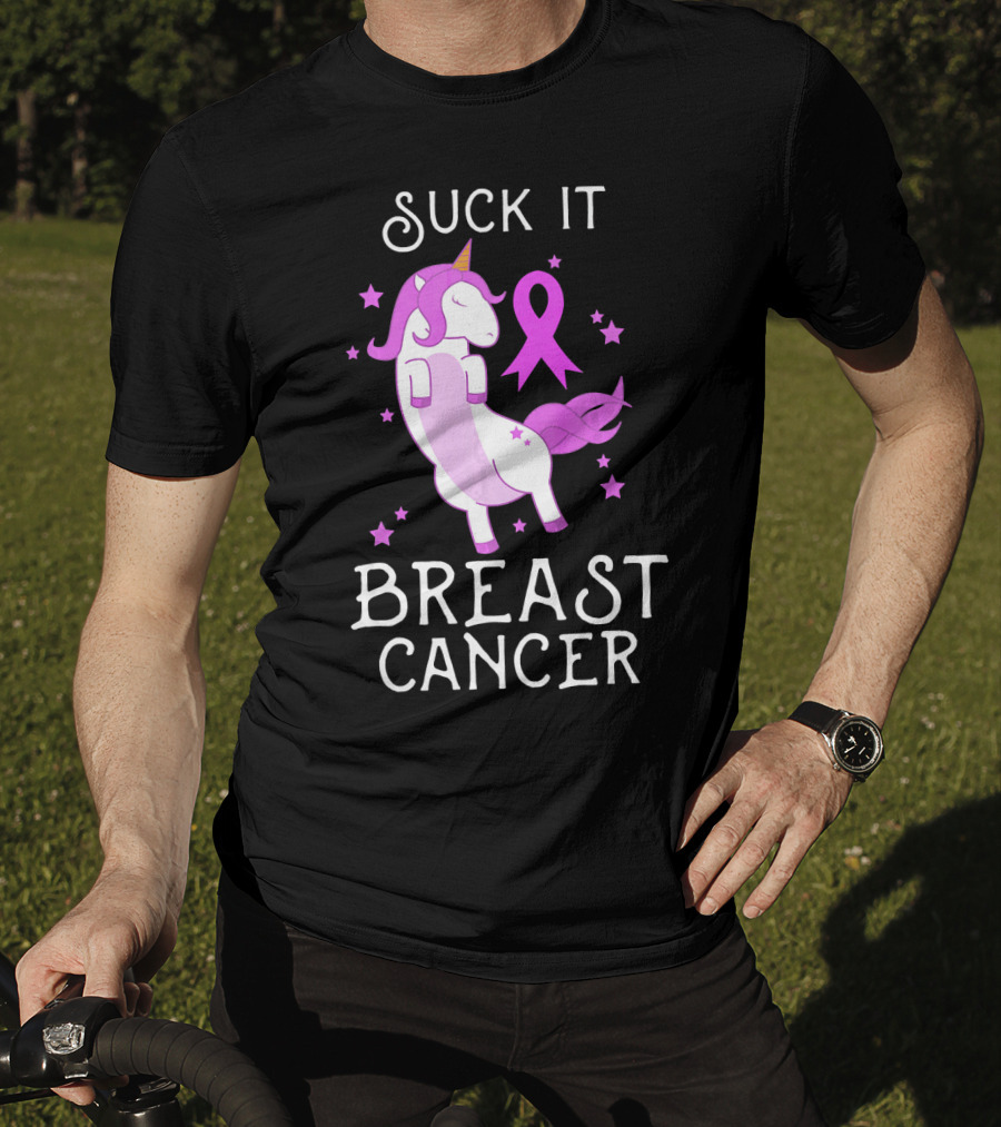 Suck It Breast Cancer Unicorn Awareness Ribbon Stars T-Shirt