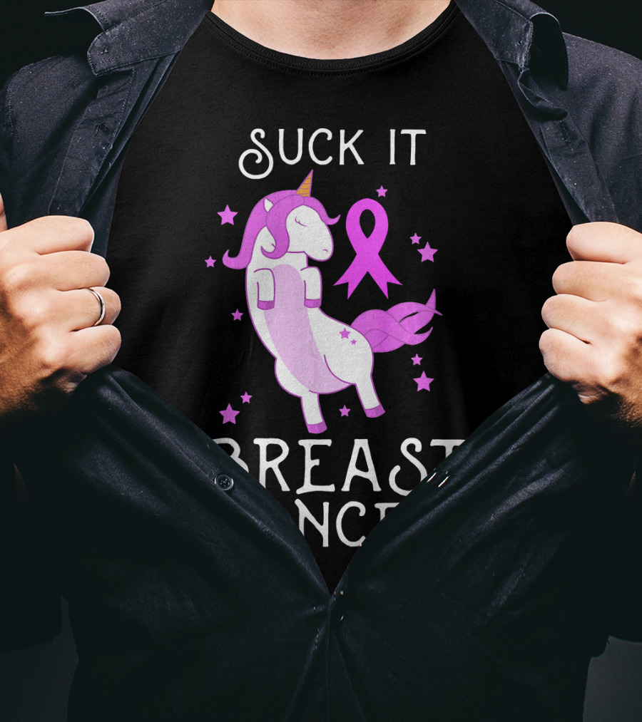 Suck It Breast Cancer Unicorn Awareness Ribbon Stars T-Shirt