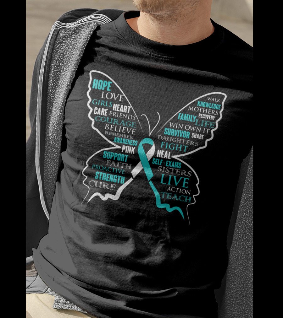 Hope Faith Courage Love Butterfly Cervical Cancer Awareness T-Shirt