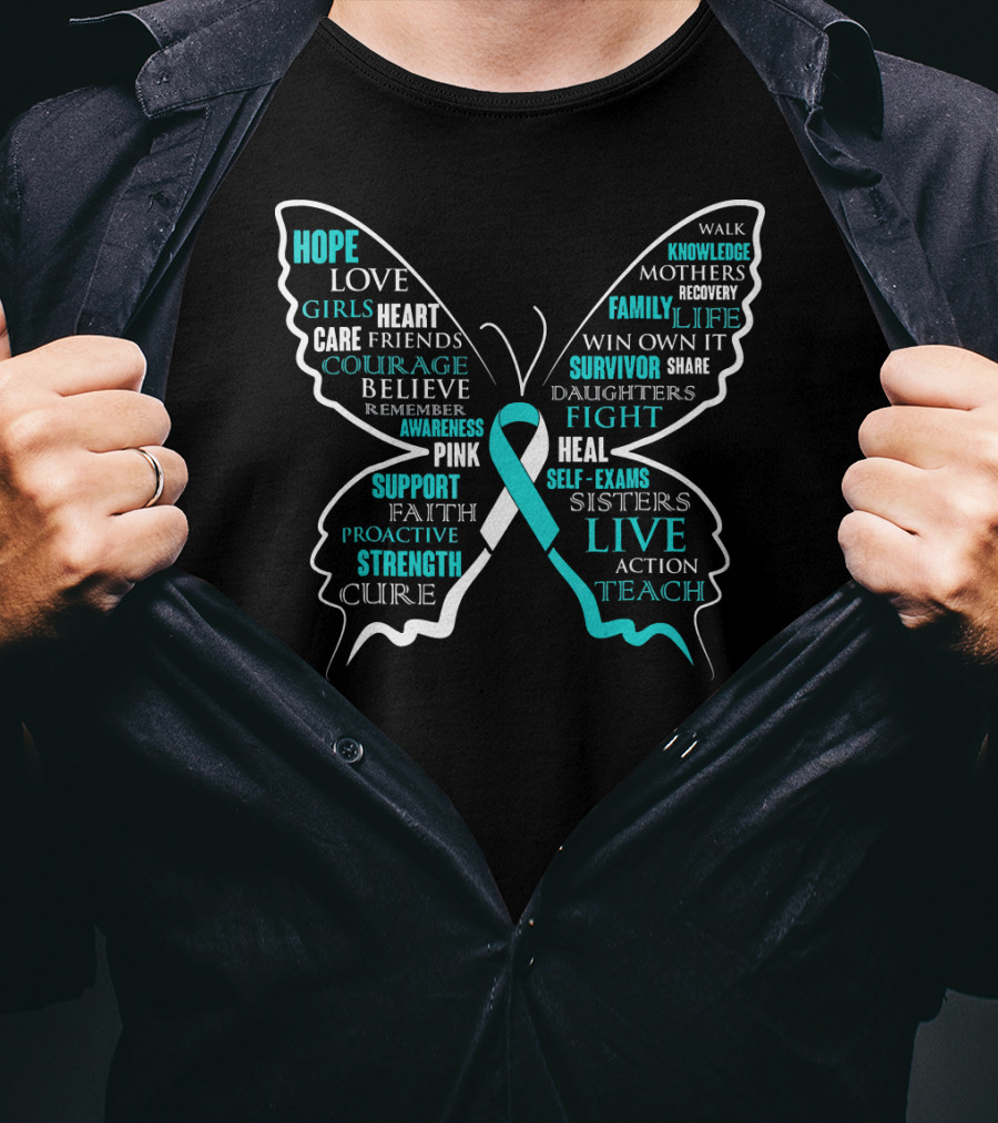 Hope Faith Courage Love Butterfly Cervical Cancer Awareness T-Shirt
