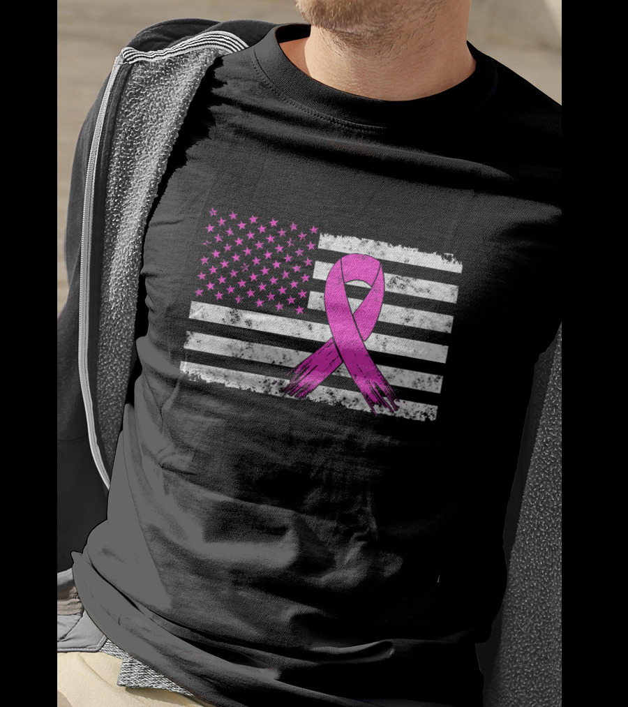 Distressed Pink Ribbon Breast Cancer Awareness American Flag T-Shirt