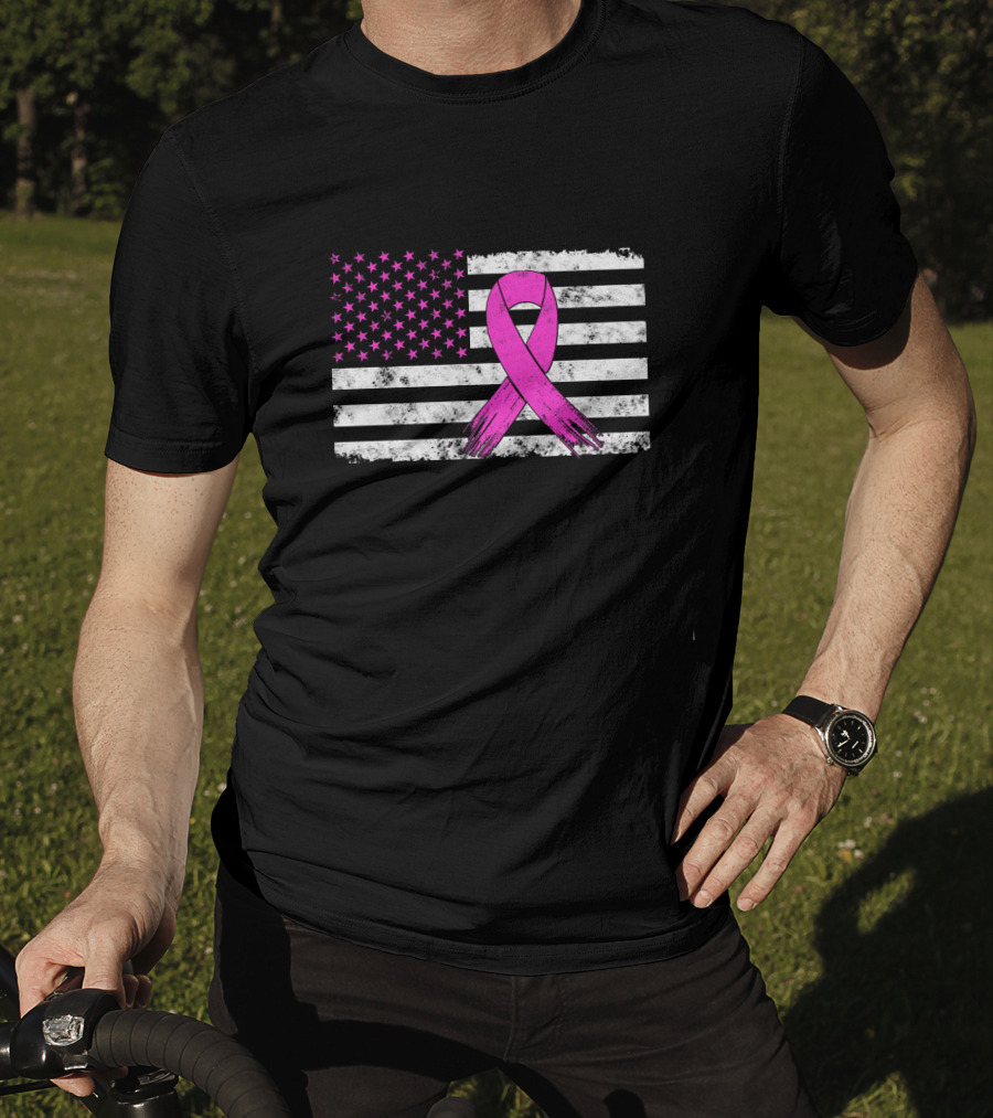 Distressed Pink Ribbon Breast Cancer Awareness American Flag T-Shirt