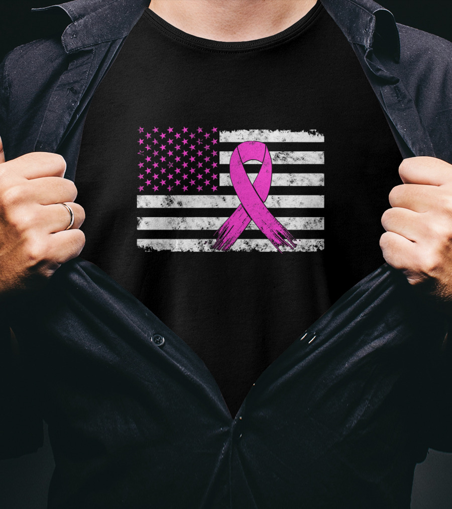 Distressed Pink Ribbon Breast Cancer Awareness American Flag T-Shirt