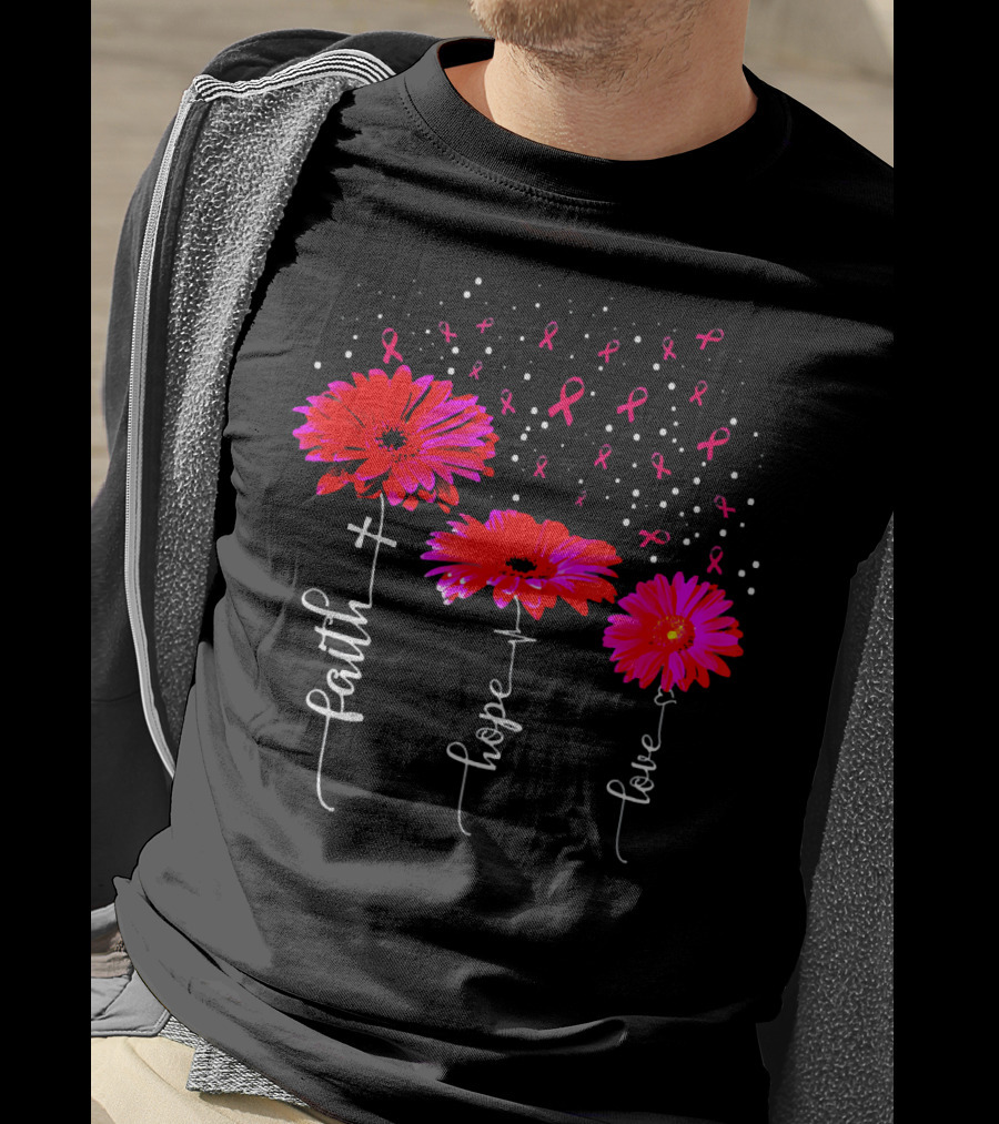 Faith Hope Love Pink Daisy Flower Breast Cancer Awareness T-Shirt