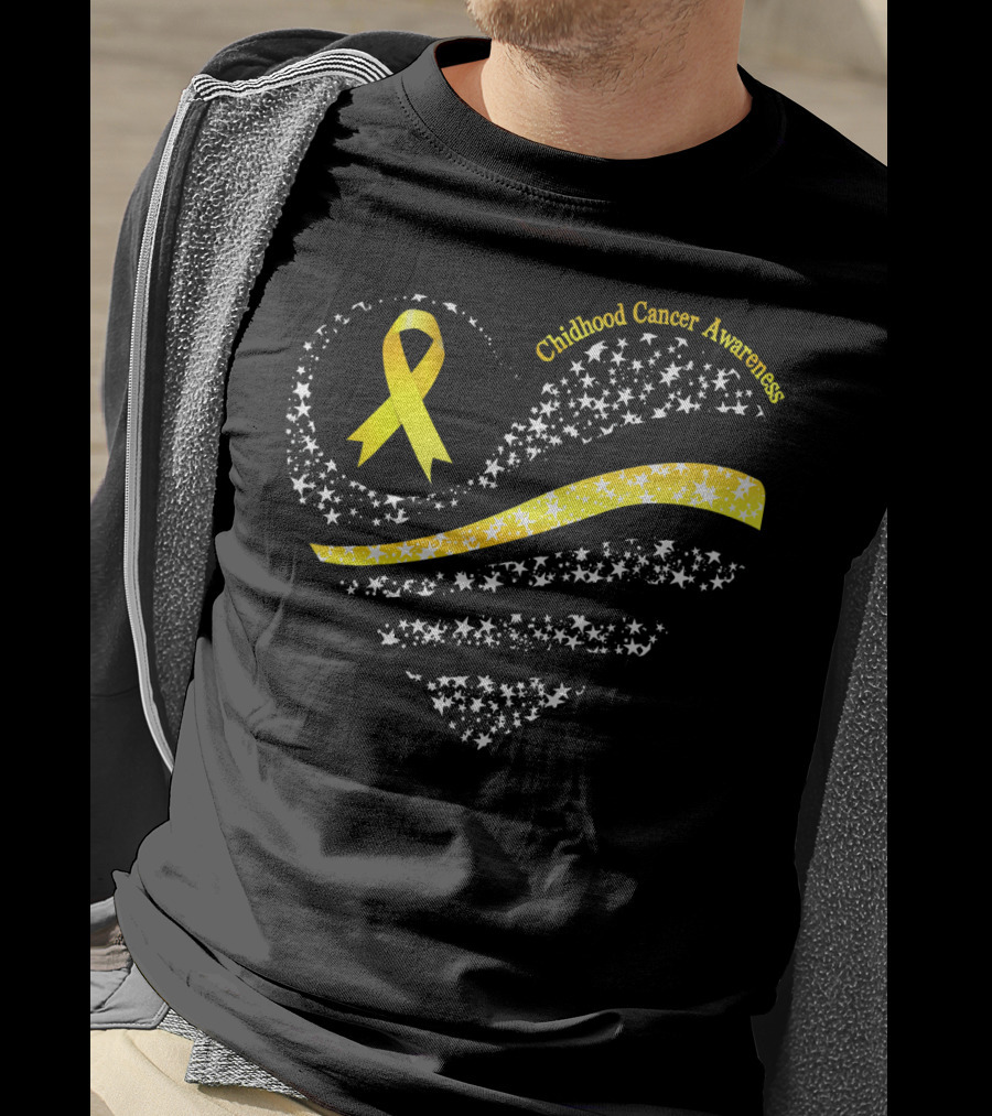 Childhood Cancer Awareness Heart Gold Ribbon American Flag T-Shirt