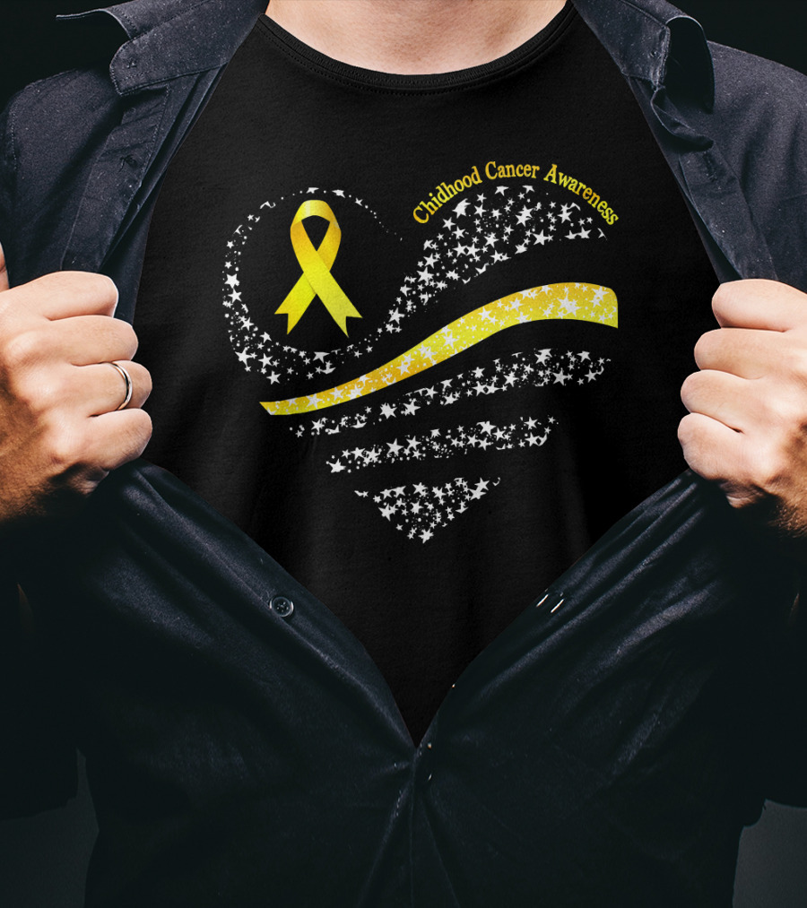 Childhood Cancer Awareness Heart Gold Ribbon American Flag T-Shirt