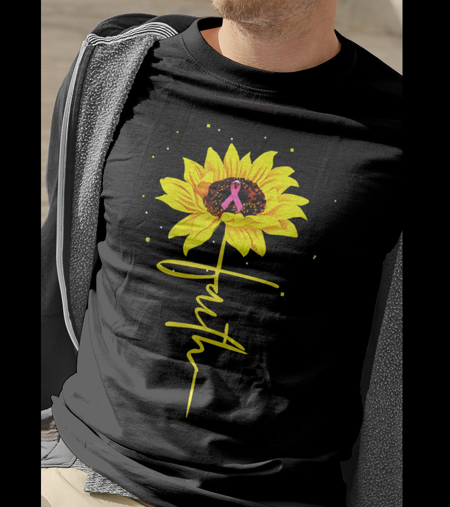 Faith Sunflower Pink Ribbon Breast Cancer Awareness T-Shirt