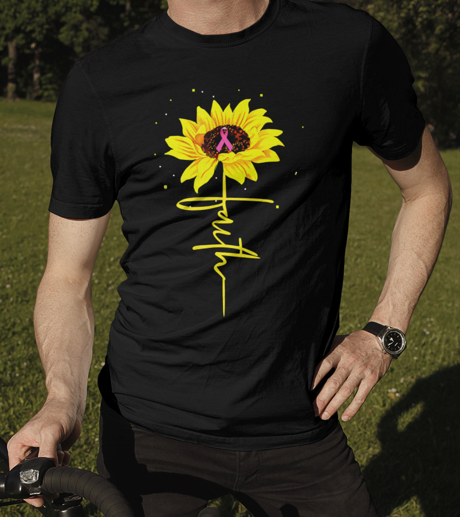 Faith Sunflower Pink Ribbon Breast Cancer Awareness T-Shirt