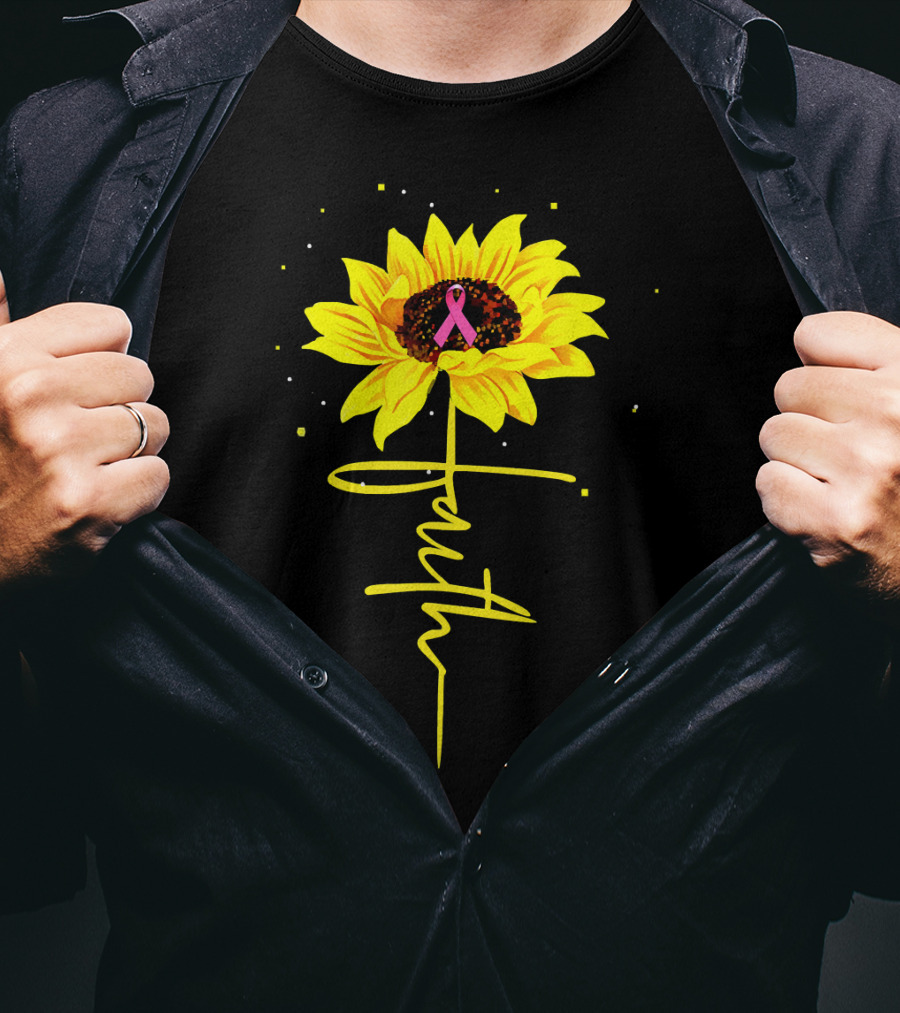 Faith Sunflower Pink Ribbon Breast Cancer Awareness T-Shirt