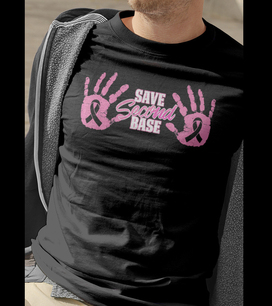 Save Second Base Pink Handprints Breast Cancer Awareness October Warrior T-Shirt