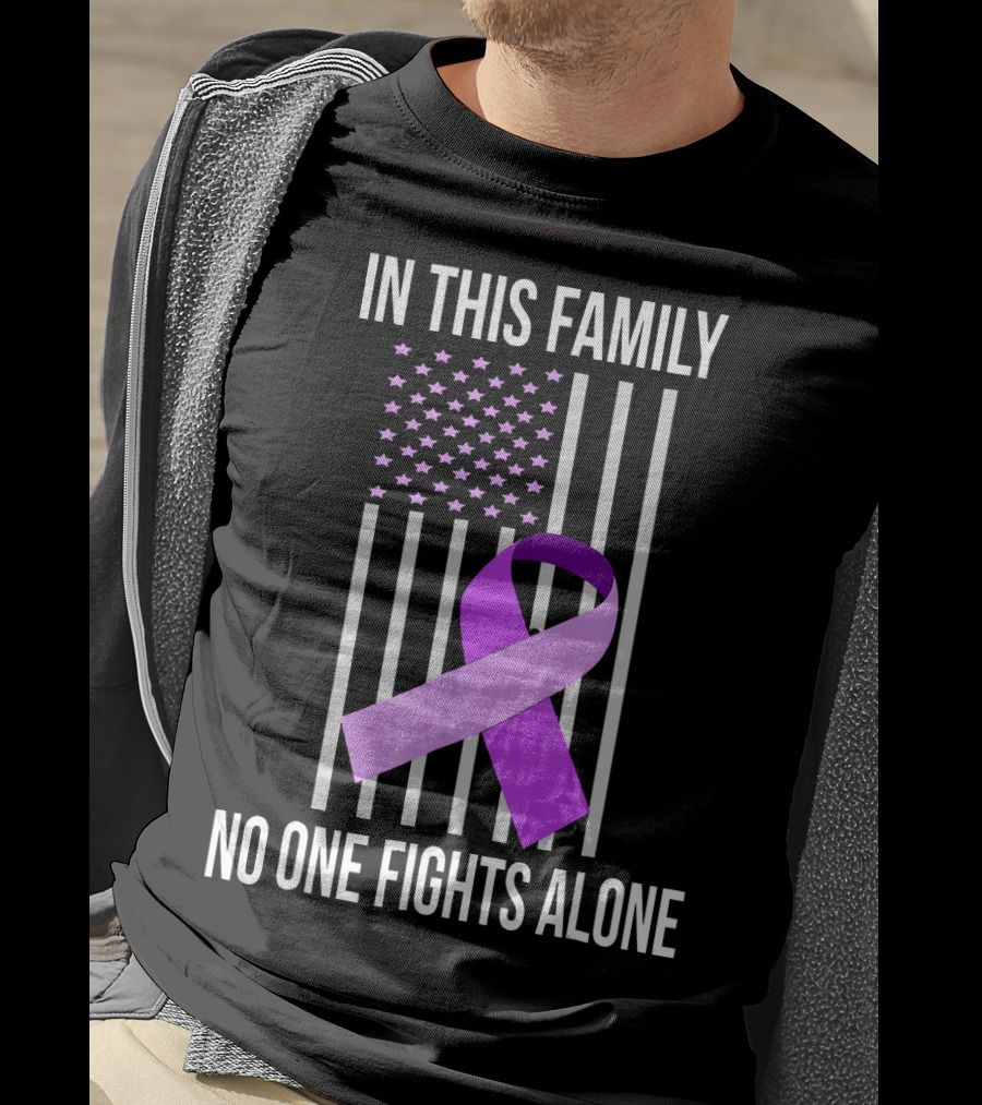 In This Family No One Fights Alone USA Flag Purple Ribbon Pancreatic Cancer T-Shirt