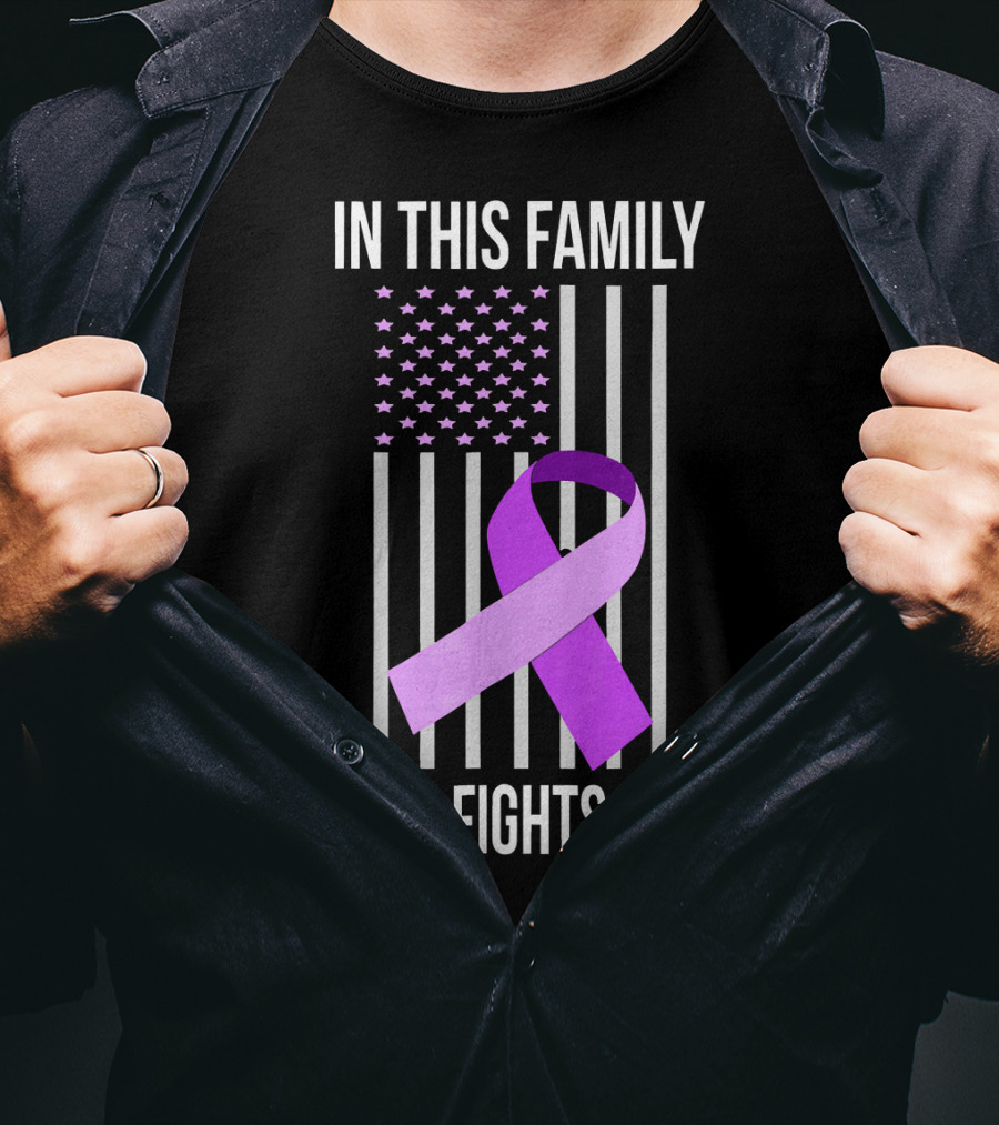 In This Family No One Fights Alone USA Flag Purple Ribbon Pancreatic Cancer T-Shirt