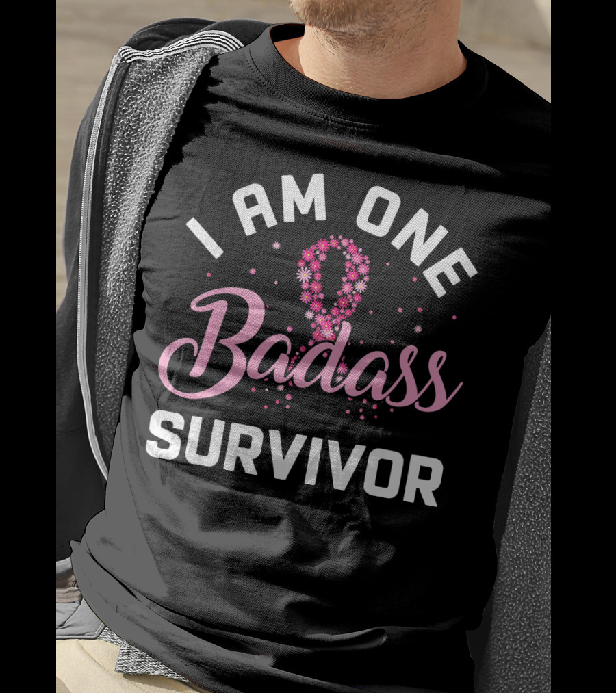 I Am One Badass Survivor Breast Cancer Ribbon Floral T-Shirt