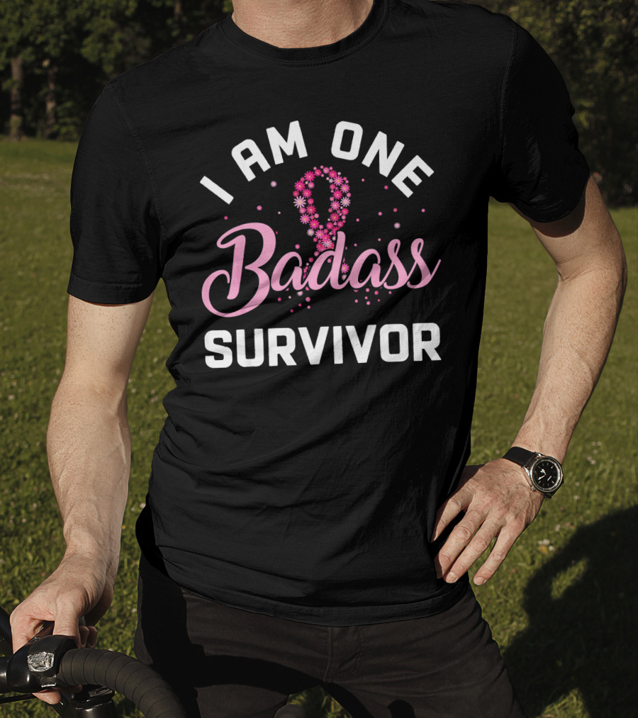 I Am One Badass Survivor Breast Cancer Ribbon Floral T-Shirt