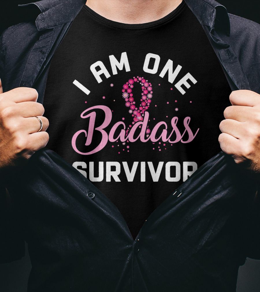 I Am One Badass Survivor Breast Cancer Ribbon Floral T-Shirt