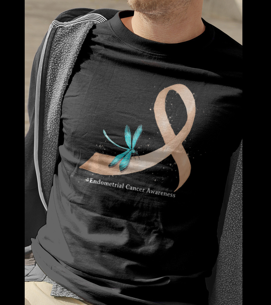 Hippie Dragonfly Peach Ribbon #Endometrial Cancer Awareness T-Shirt