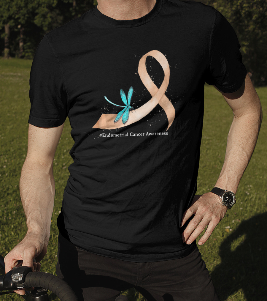 Hippie Dragonfly Peach Ribbon #Endometrial Cancer Awareness T-Shirt