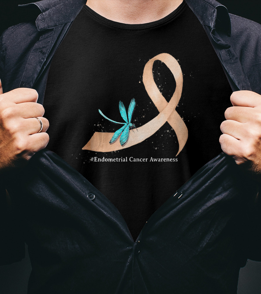 Hippie Dragonfly Peach Ribbon #Endometrial Cancer Awareness T-Shirt