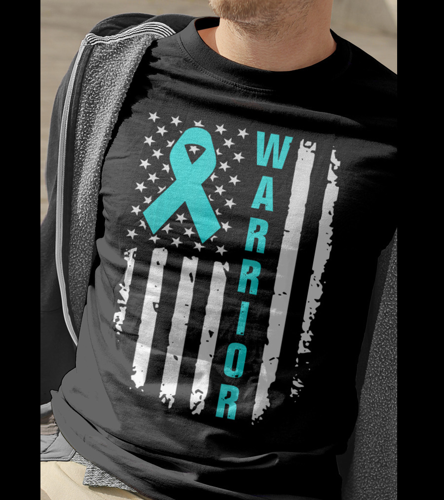 Warrior Teal Ribbon American Flag Ovarian Cancer T-Shirt