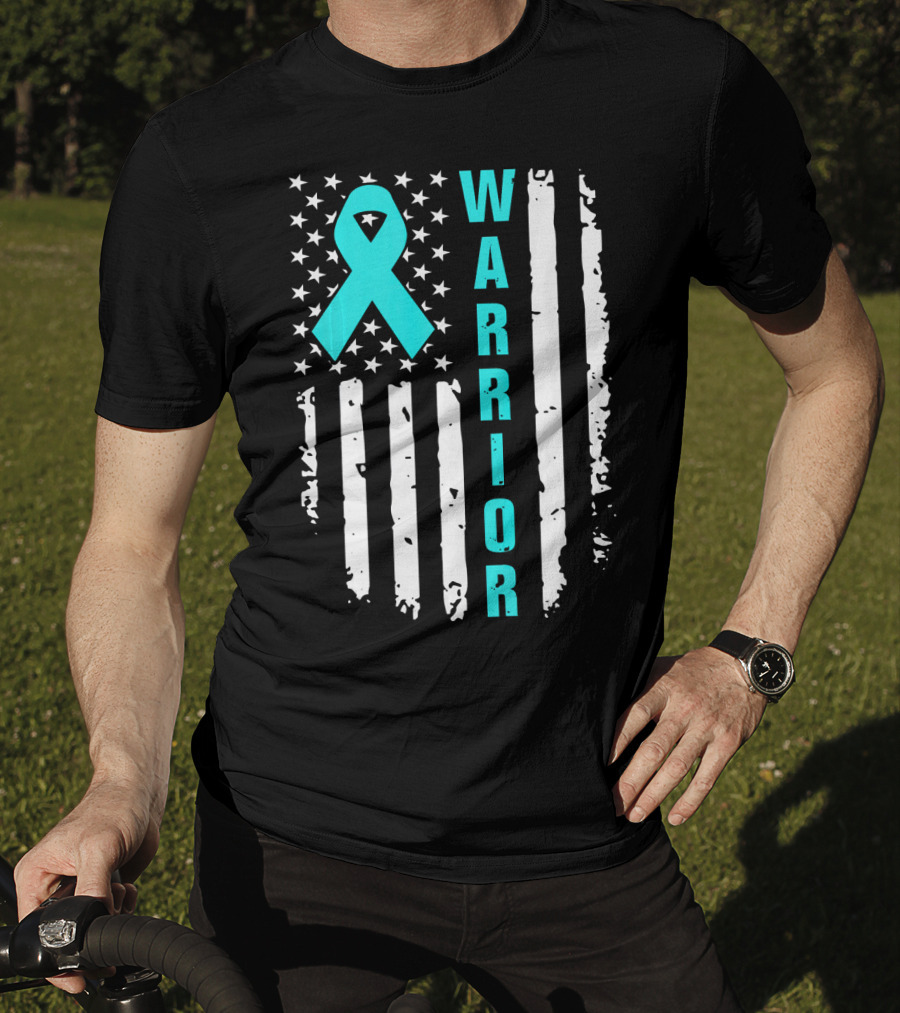 Warrior Teal Ribbon American Flag Ovarian Cancer T-Shirt