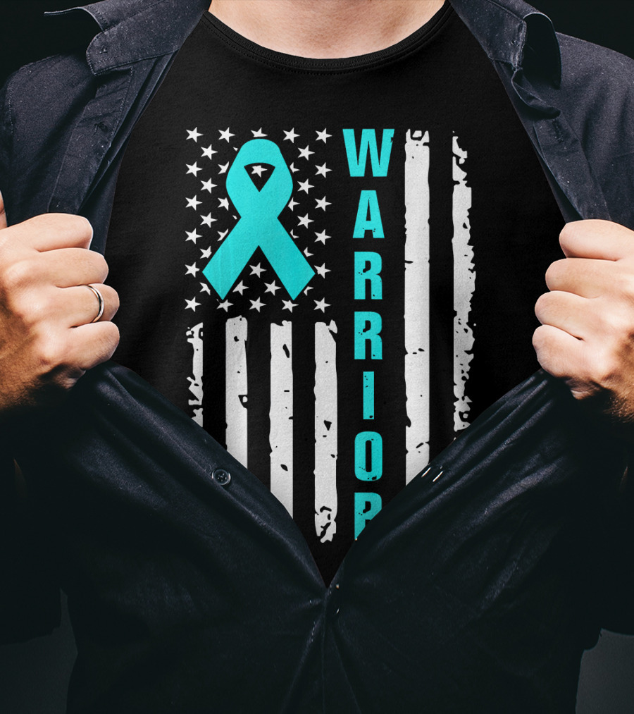Warrior Teal Ribbon American Flag Ovarian Cancer T-Shirt